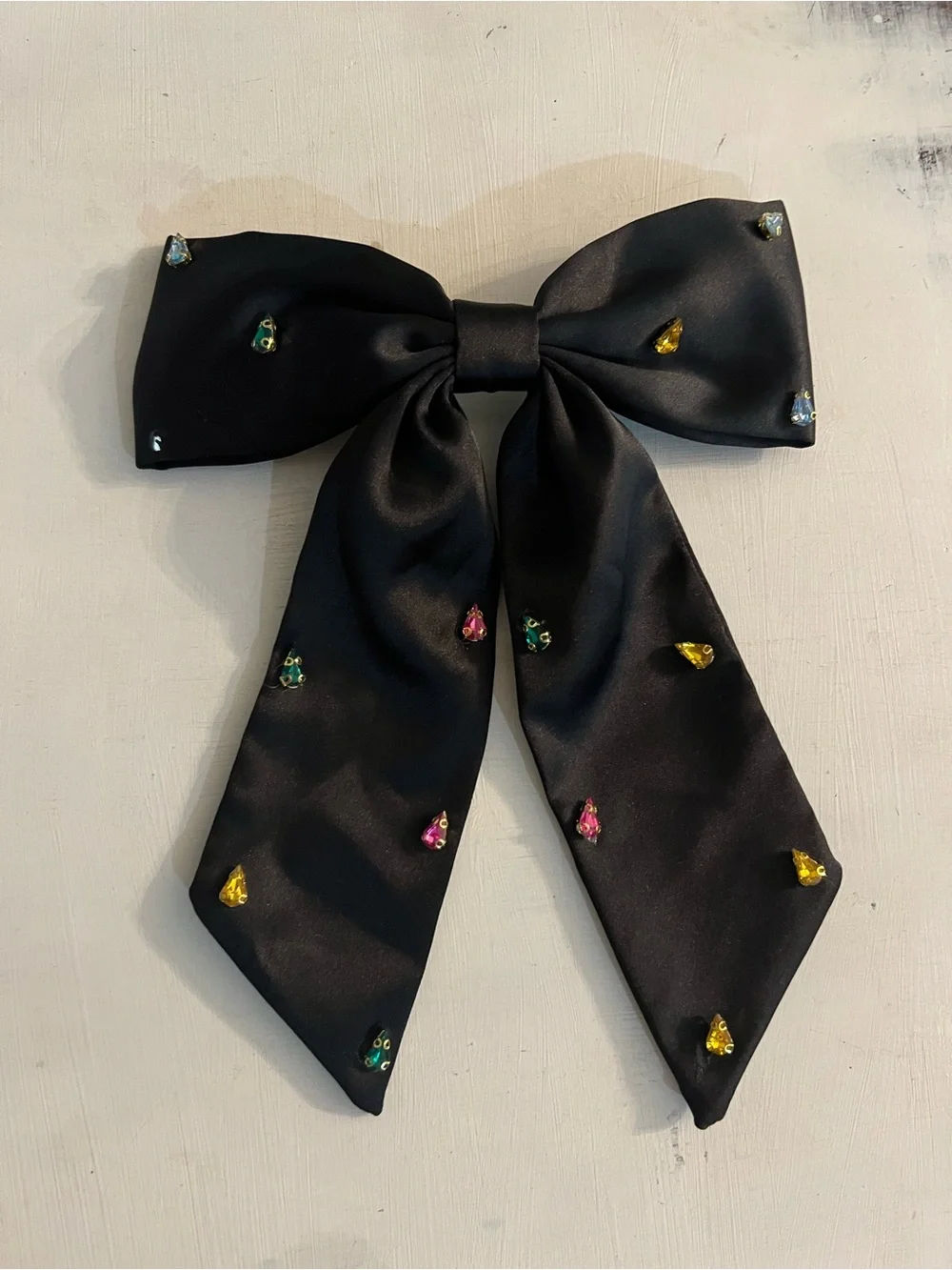 Black Satin Bow Hair Clip with Multicolor Gems - Kids Accessories
